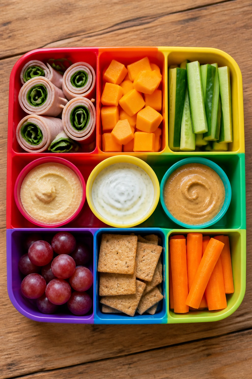 Top-down view of rainbow bento box with dips