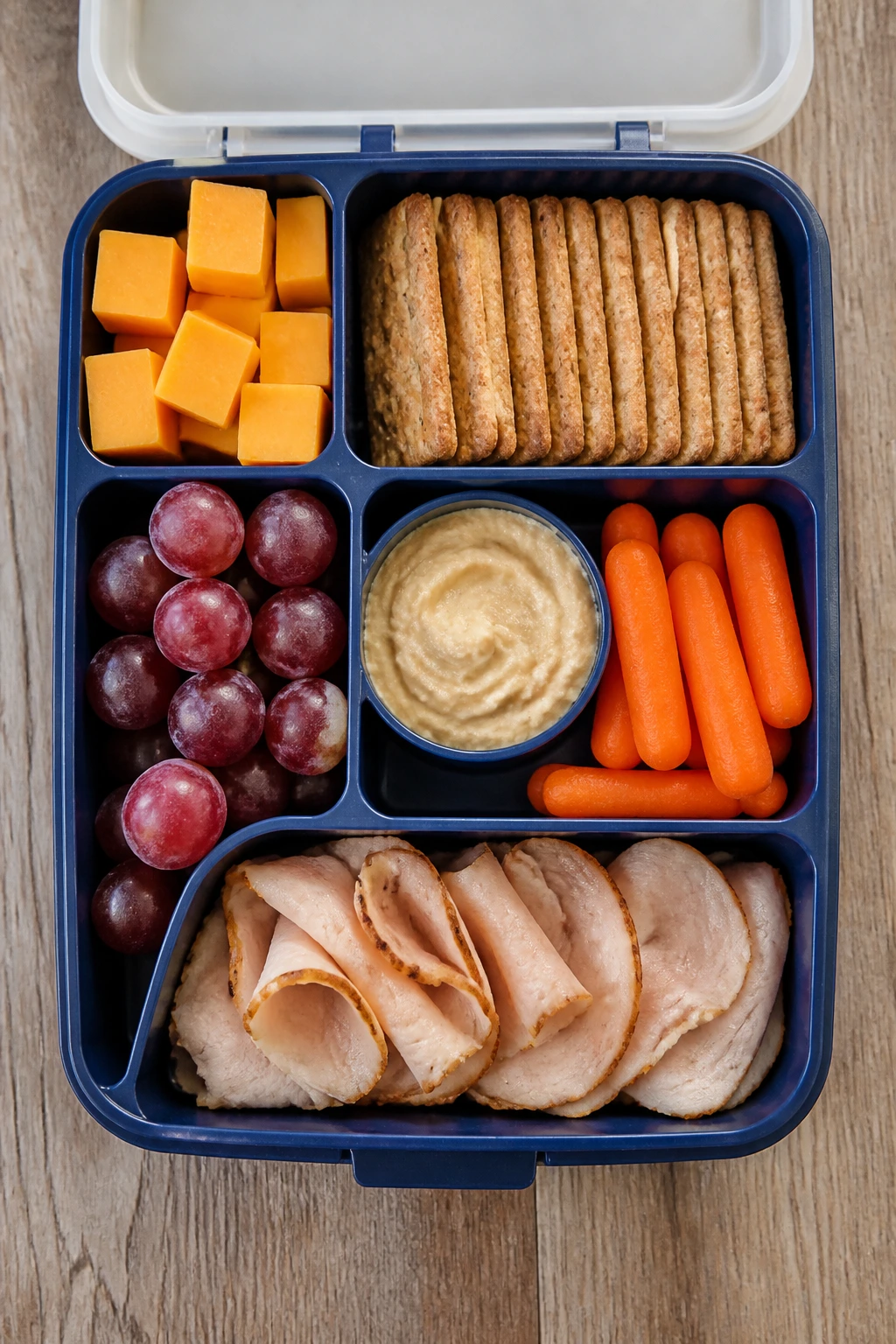 Top-down view of a bento box with cheese, crackers, fruit, and vegetables