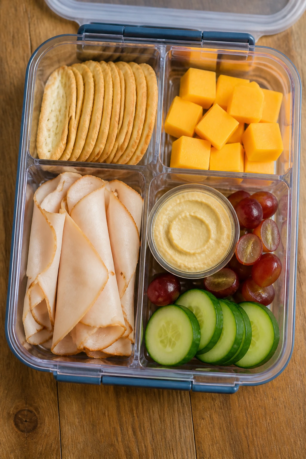Top-down view of a bento lunch with crackers, cheese, turkey, grapes, and cucumber