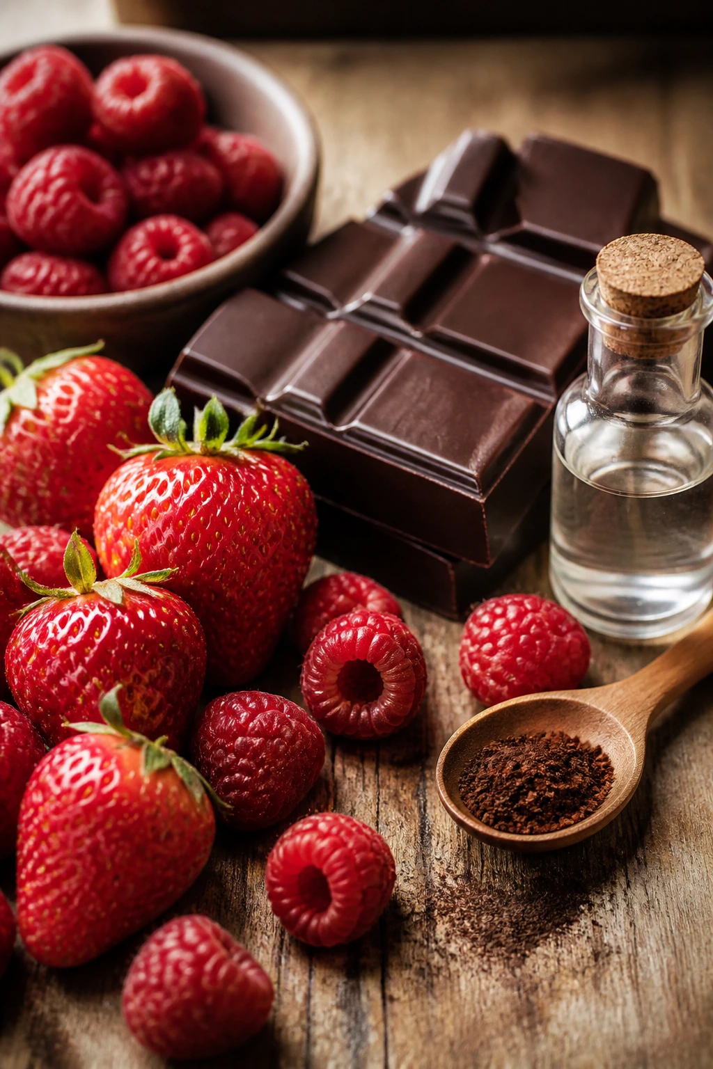 Close-up of berries and chocolate with flavorings on a wooden counter