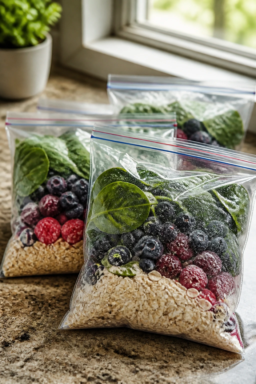 Freezer smoothie packs with berries, spinach and oats