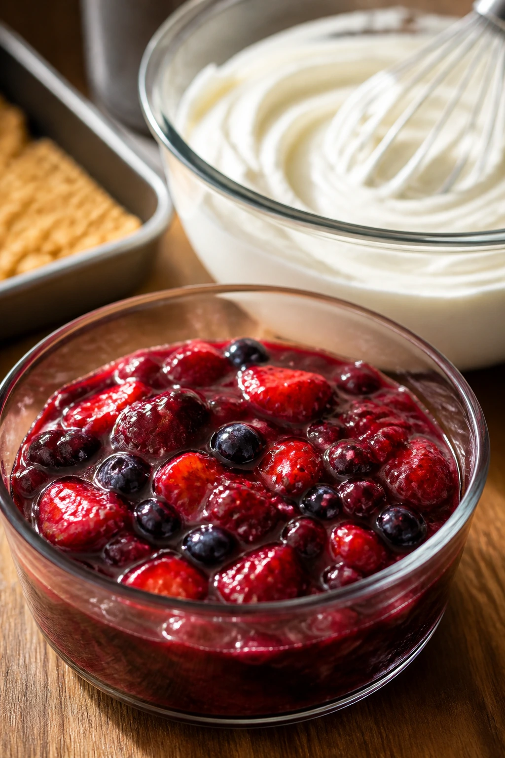 Close-up of glossy berry layer in a glass dish for cheesecake trifle