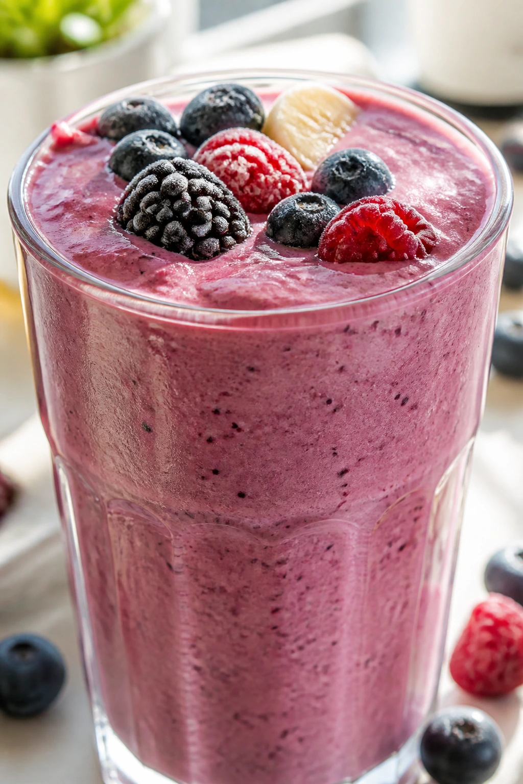 Close-up Berry Greek Yogurt Smoothie in glass on bright kitchen counter
