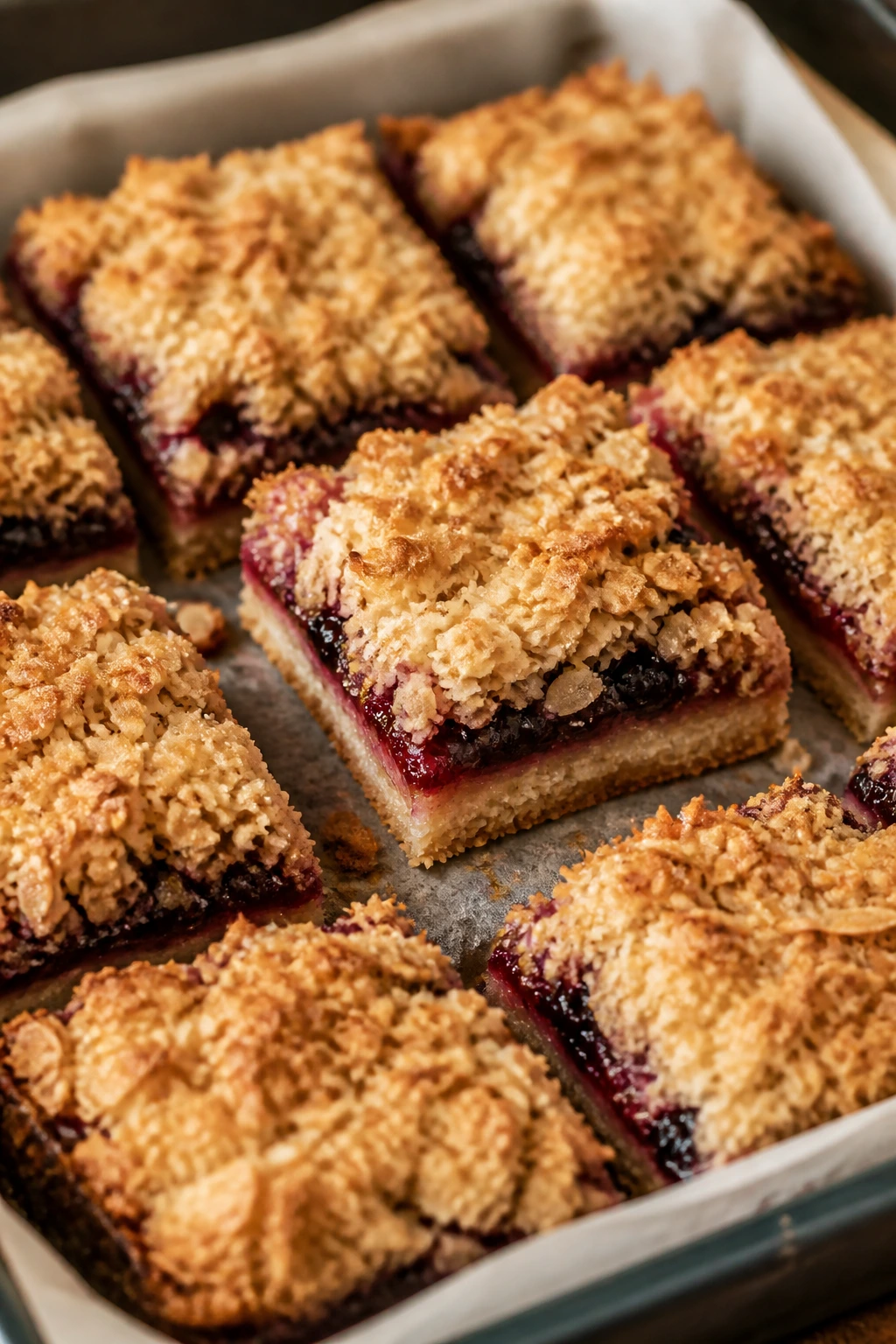Close-up of berry coconut crumble bars with crumble topping