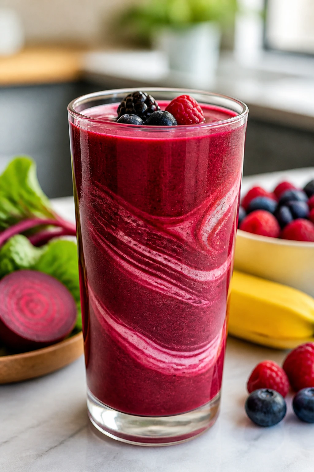 Close-up of Berry Beet Blush smoothie in a glass on a bright counter