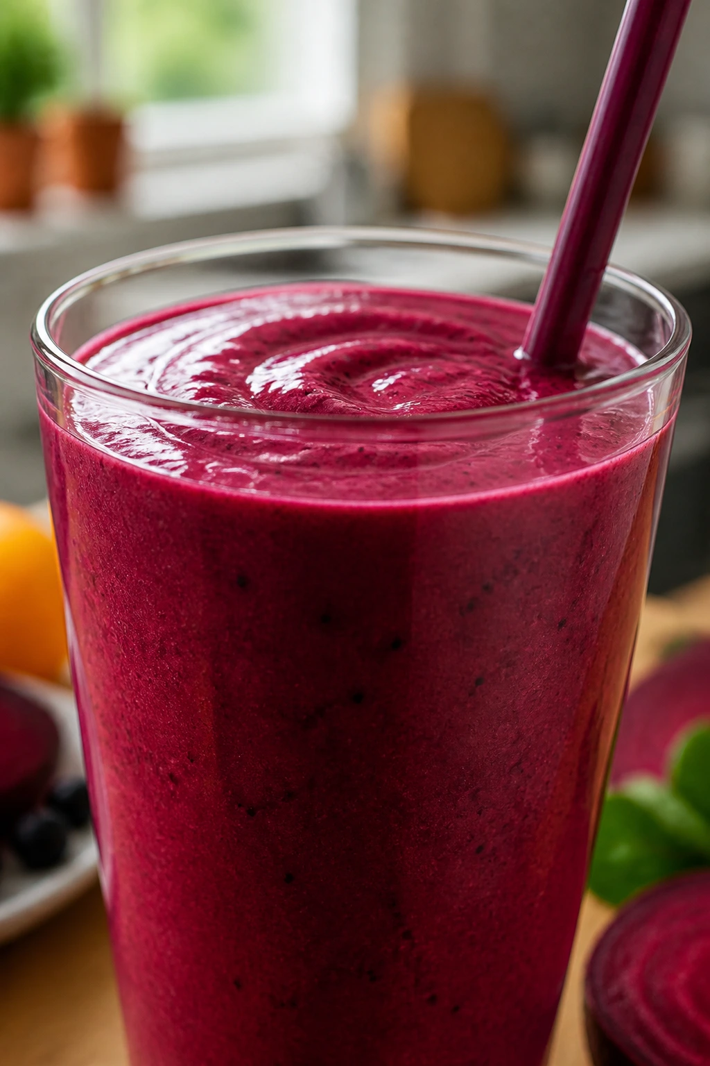 Close-up of a berry beet smoothie in a glass with magenta color