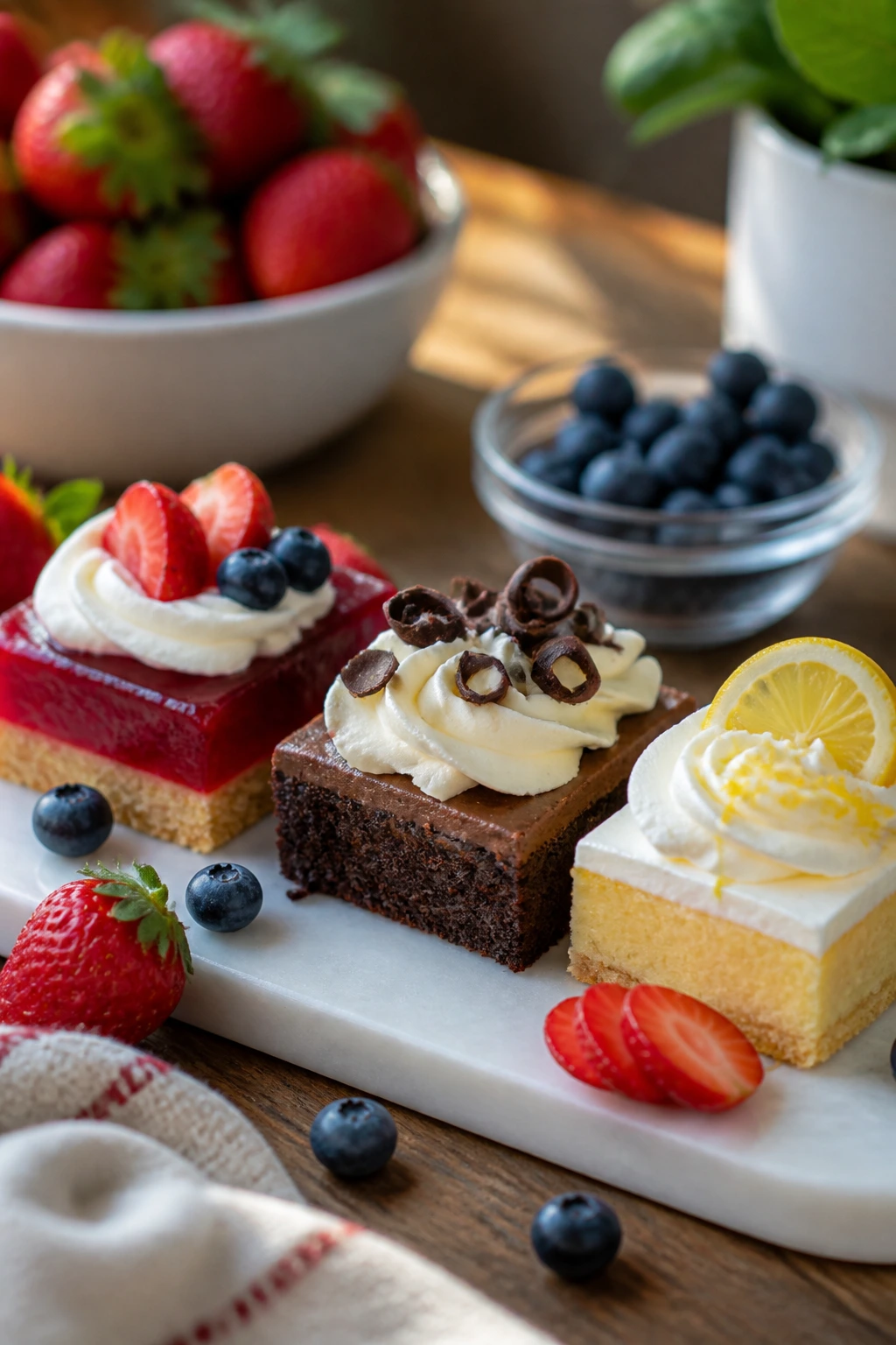 Dessert board showing Berry Bright, Deep Cocoa, and Lemon-Edge variations