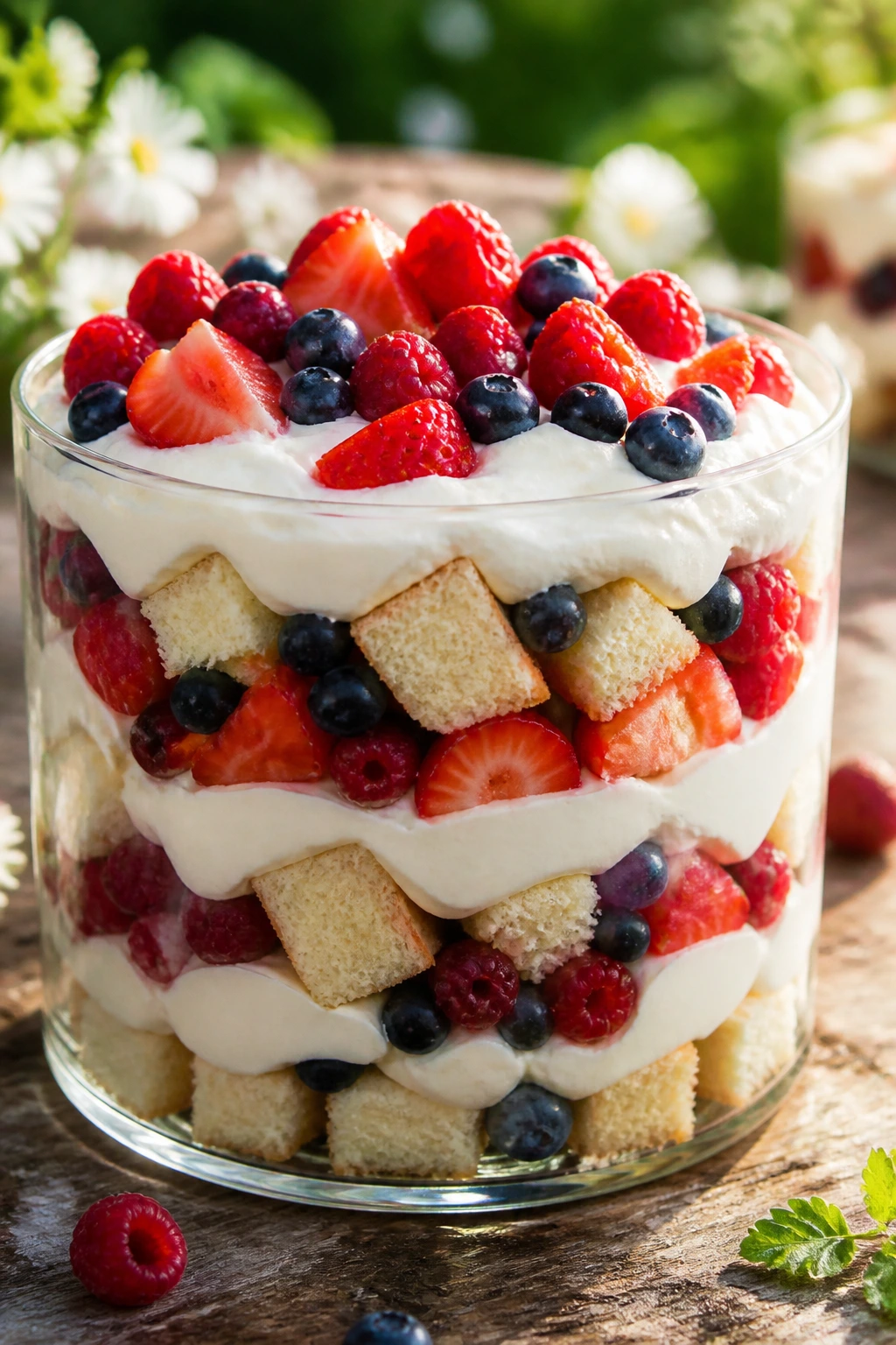 Close-up of Berry Buttermilk Trifle in a glass jar with layered cake, berries, and cream
