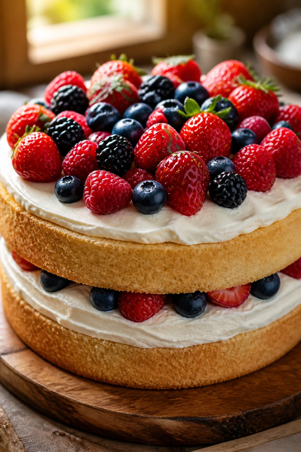 Close-up of Berry Chantilly Layer Cake with mascarpone cream and mixed berries