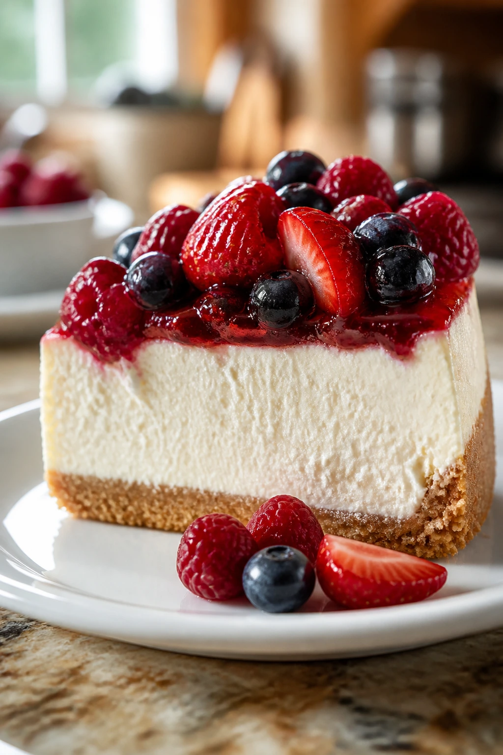 Close-up of a fluffy berry-topped cheesecake slice on a plate