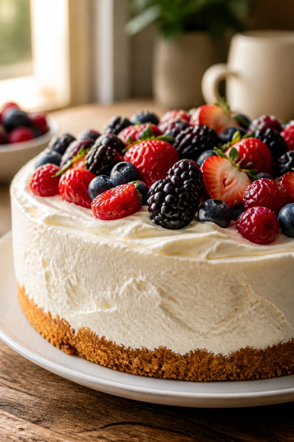 Close-up of fluffy no-bake cheesecake with berry topping and cream cheese frosting on a plate