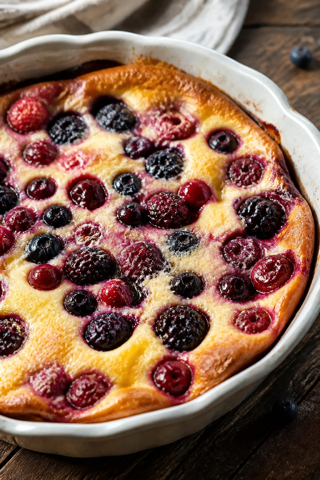 Close-up of berry clafoutis in a pie dish on rustic kitchen counter