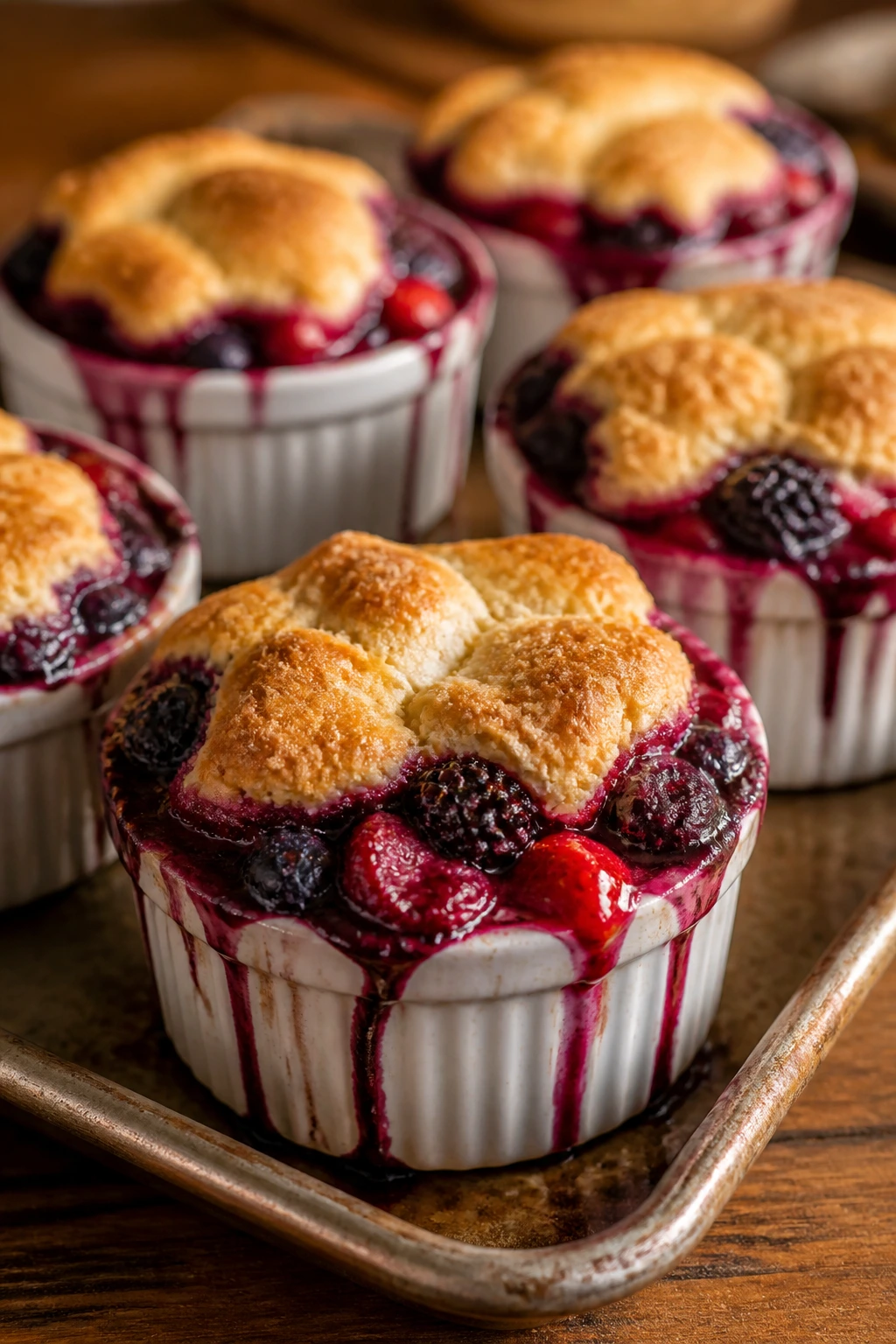 Close-up of berry cobbler cups in ramekins with bubbling fruit and biscuit topping