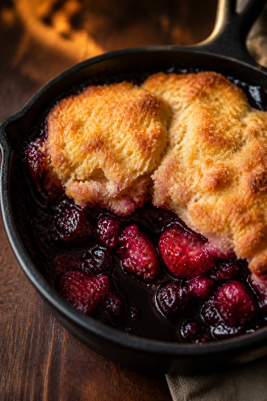 Close-up of bubbling berry cobbler in a small cast-iron skillet