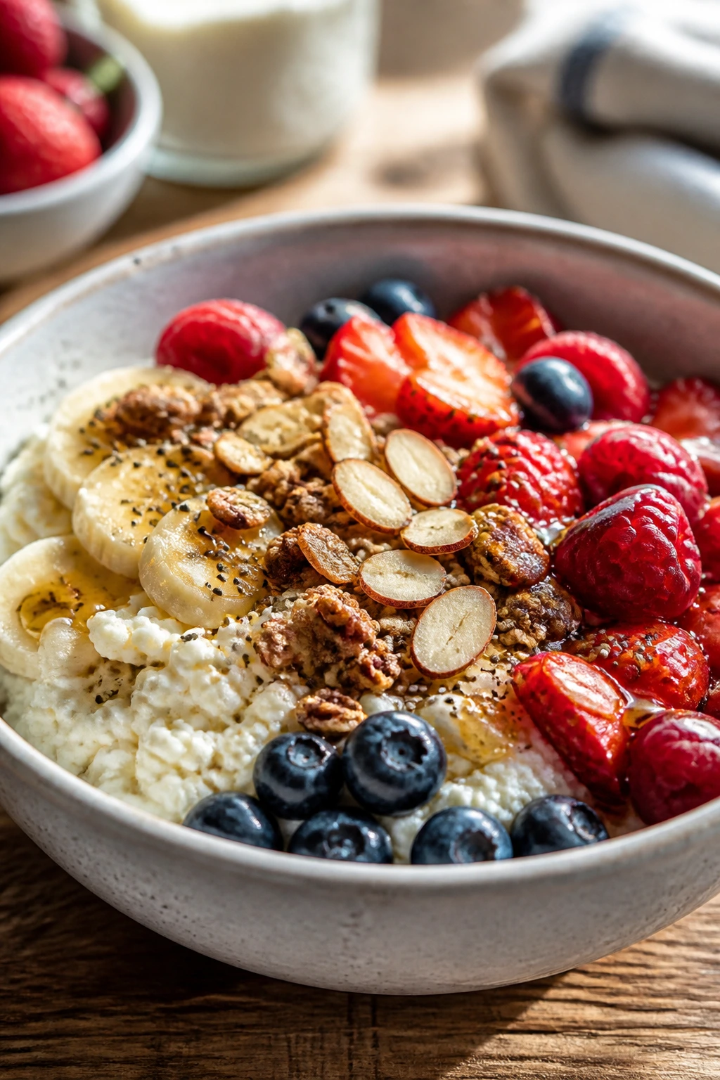 Close-up of berry cottage cheese crunch bowl with almonds and granola