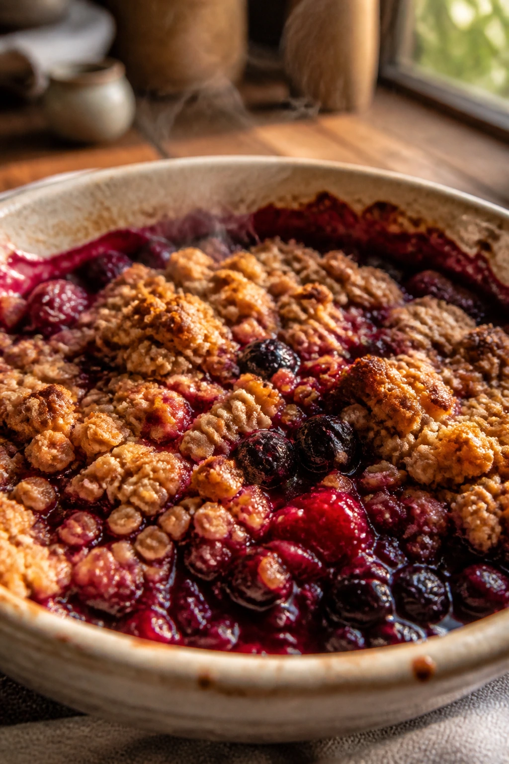 Close-up of berry crisp in a ceramic bowl with a golden crumb topping