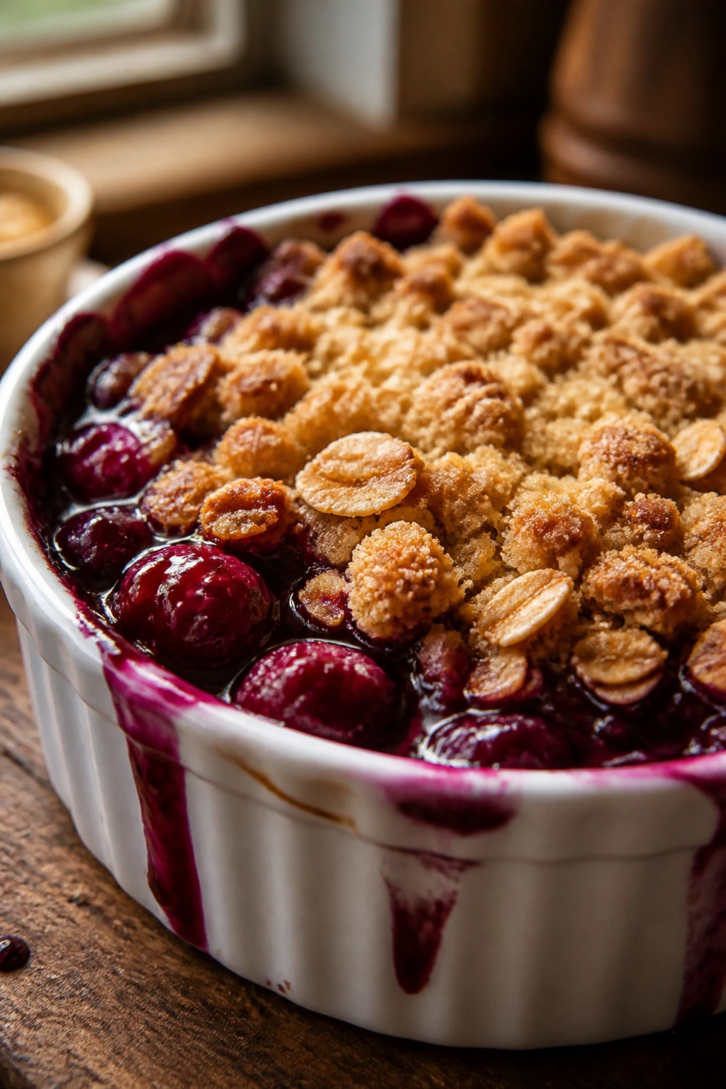 Close-up of berry crisp in a ramekin with bubbling fruit on a rustic kitchen counter