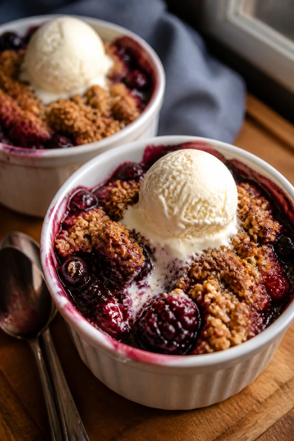 Close-up of two bubbling berry crisps in ramekins on a warm kitchen counter