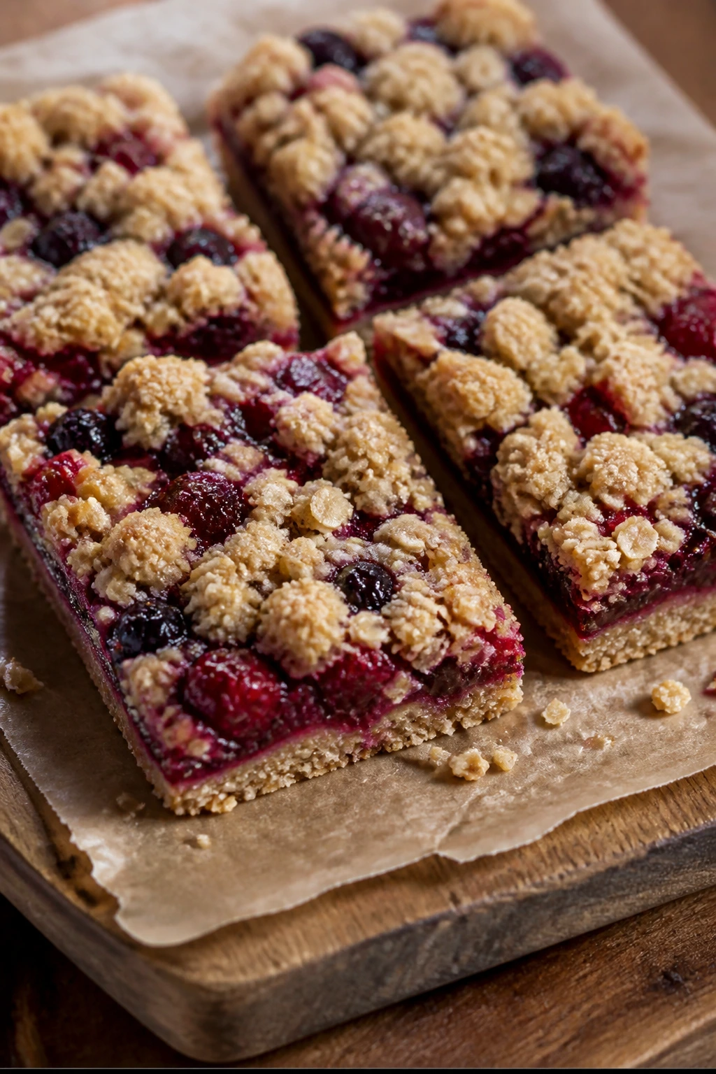 Close-up of mixed berry crumble bars with oat crumble on cutting board.