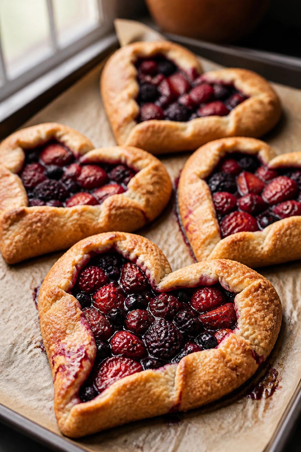 Berry galette hearts with glossy berry filling on parchment