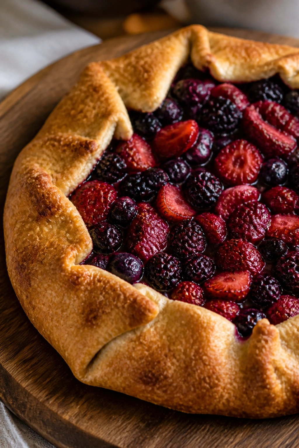 Rustic berry galette with golden crust on wooden board