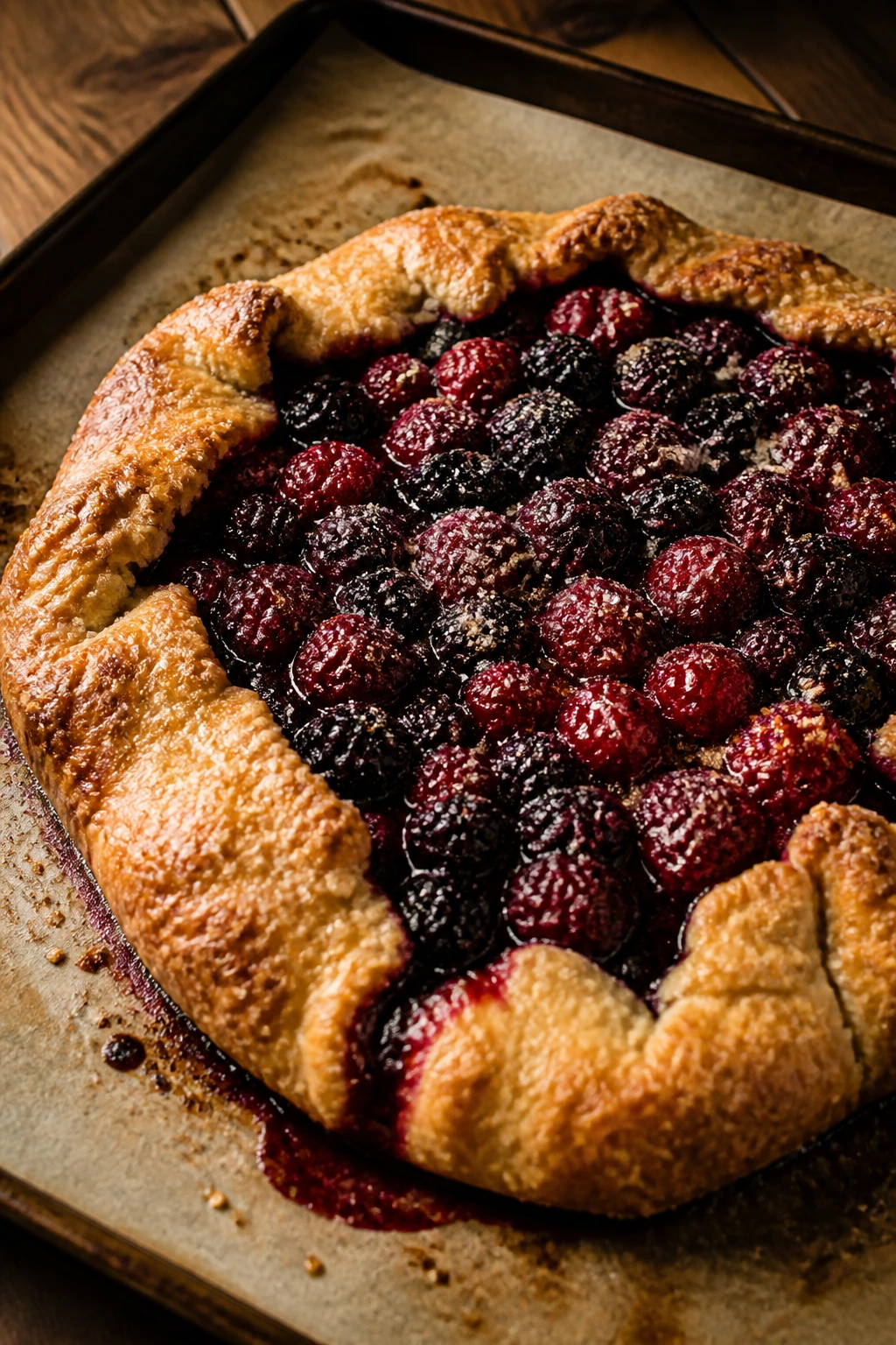 Rustic berry galette with golden crust and bubbling filling.