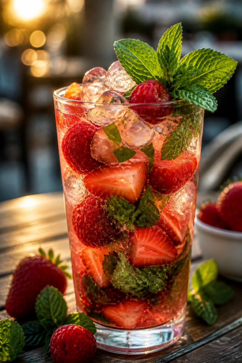 Berry Patch Mojito in a glass with visible berries and mint in golden hour light