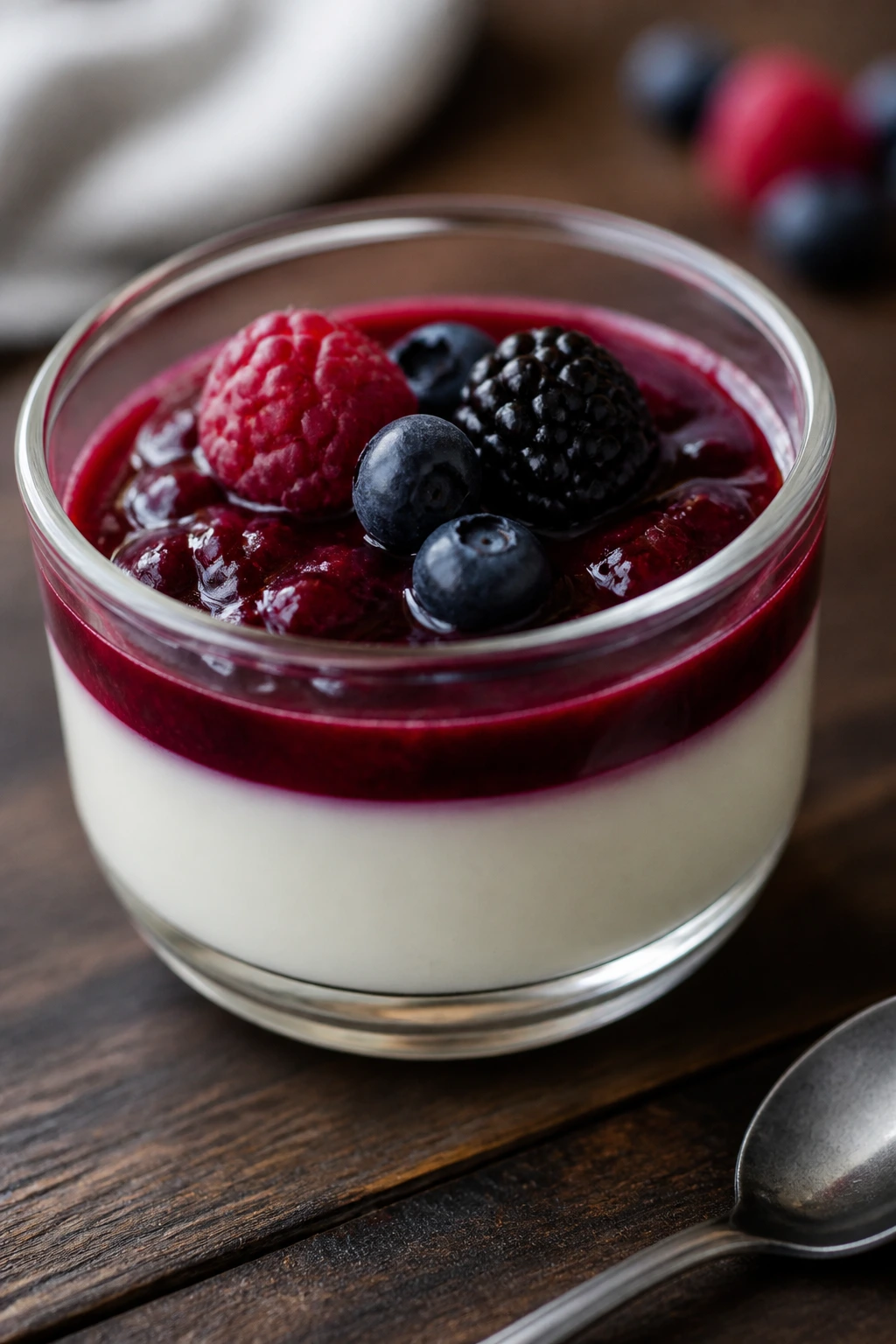Berry panna cotta in ramekin with berry sauce
