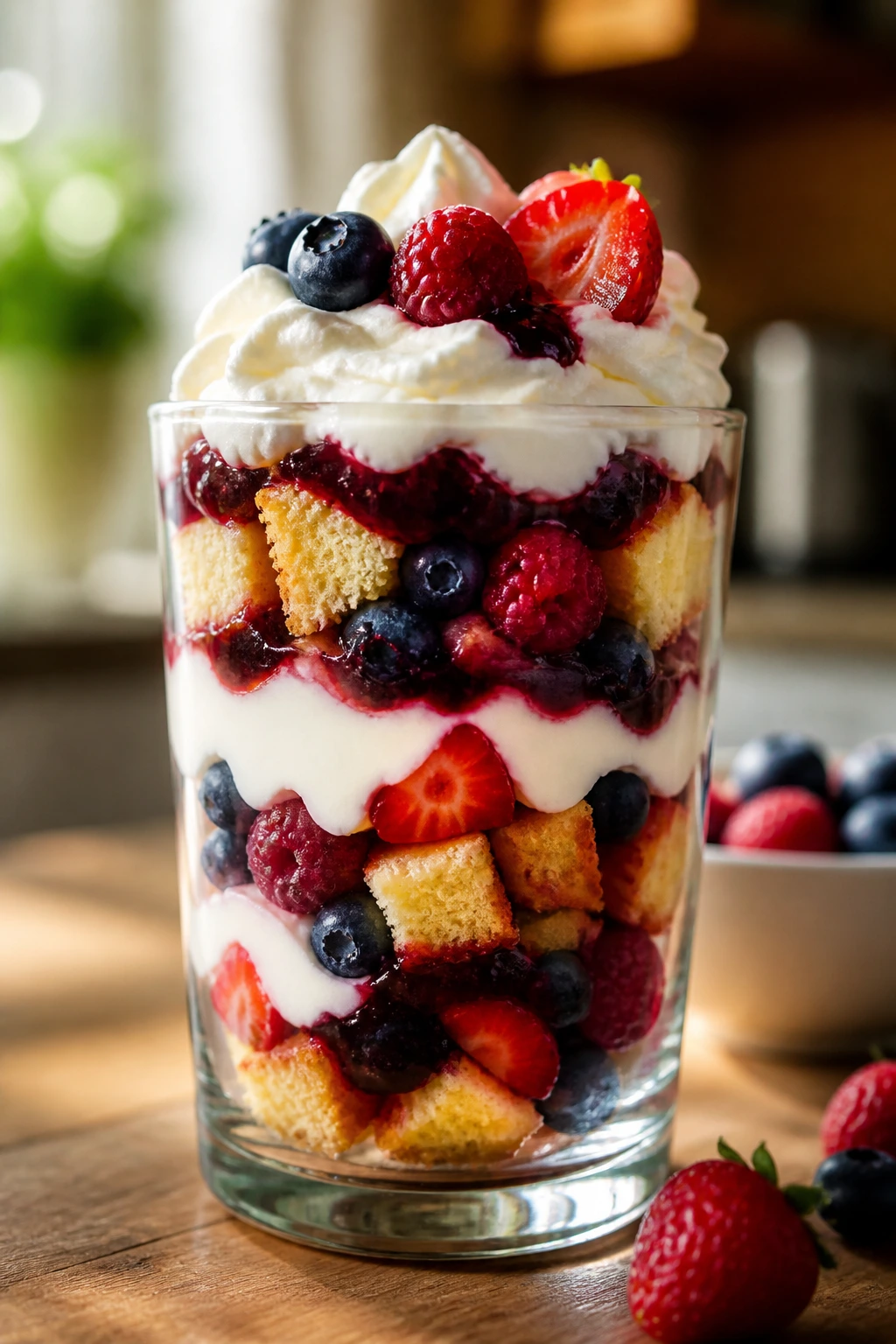 Close-up of a layered berry parfait trifle in a tall glass with visible layers of cake, berries, jam, yogurt, and whipped cream