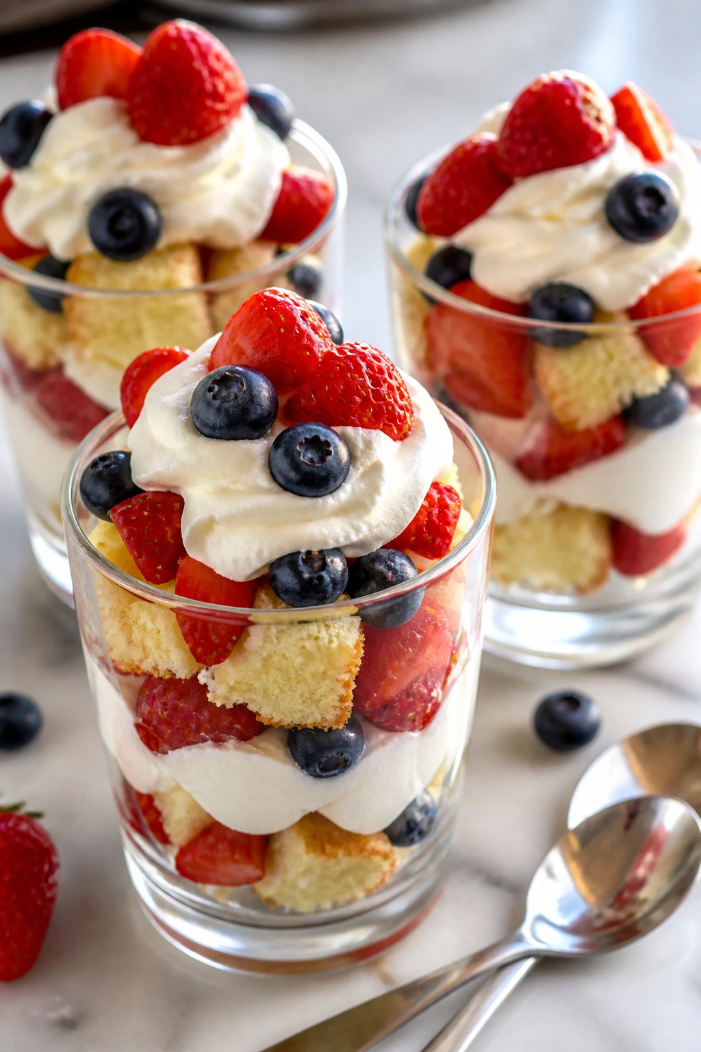 Layered berry shortcake parfaits in clear glasses