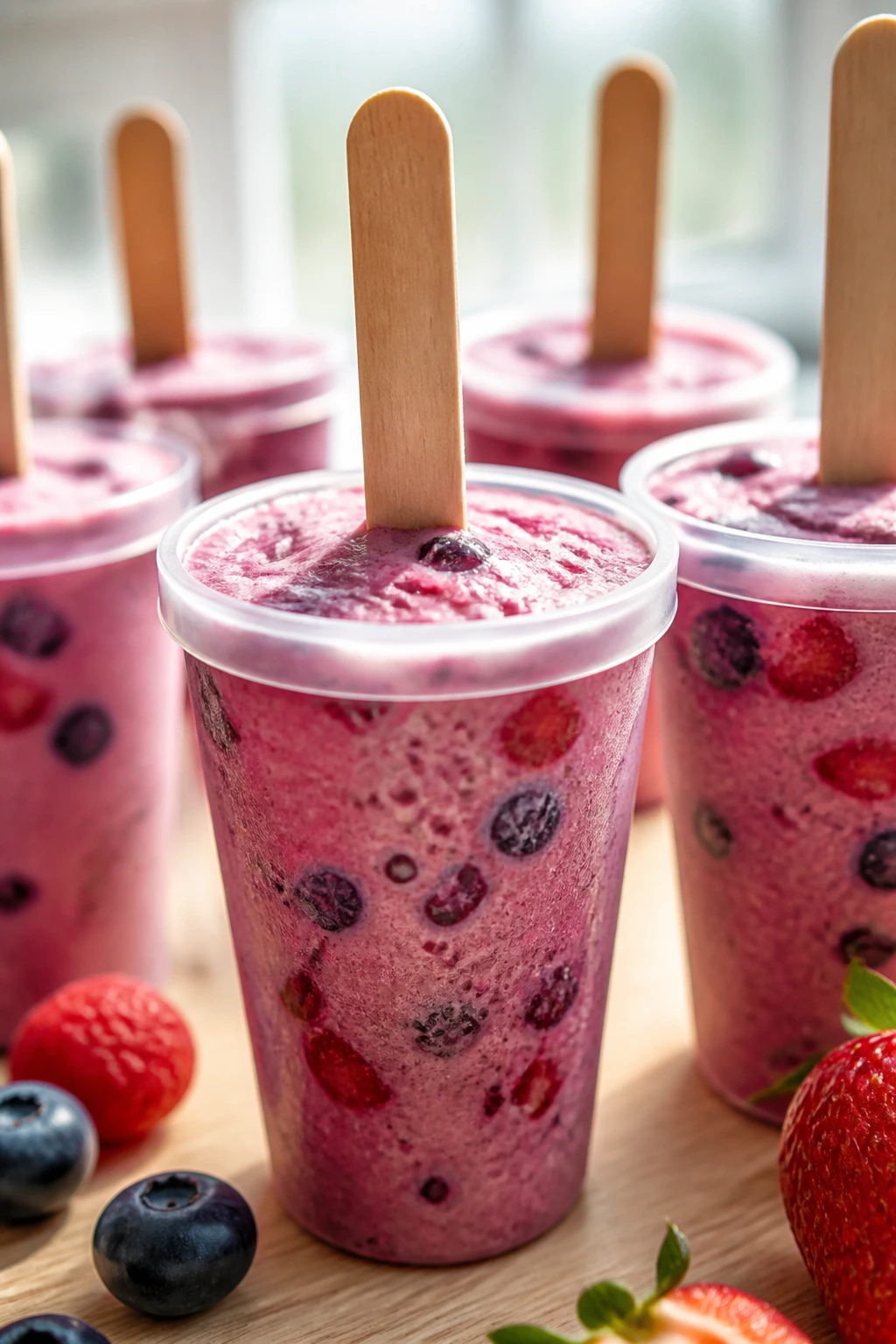 Close-up of berry smoothie pops in molds on a kitchen counter