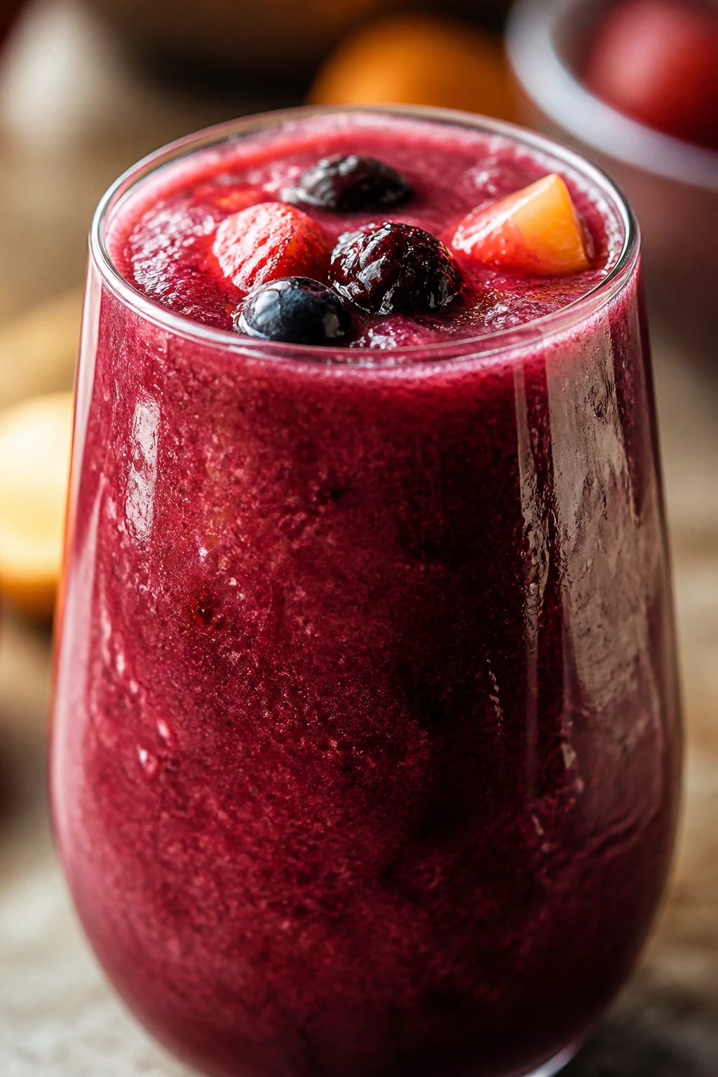 Deep red mixed berry sangria mocktail smoothie in a glass on a dining area counter
