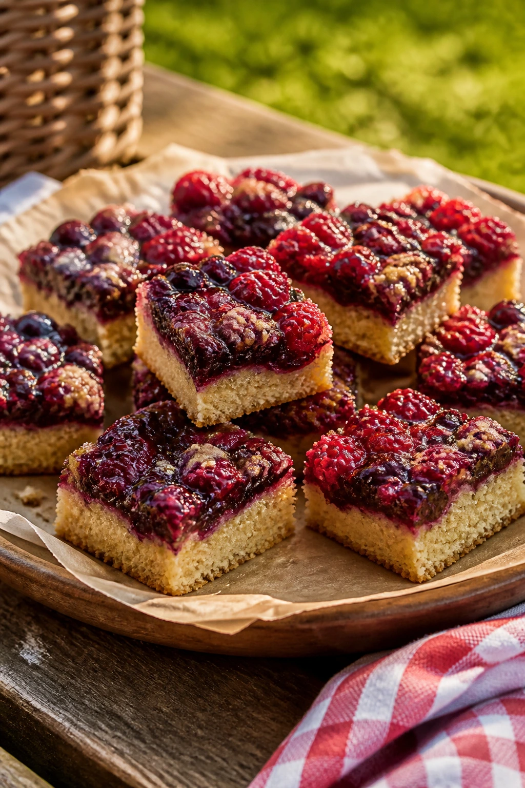 Berry shortbread bars on a rustic plate outdoors.