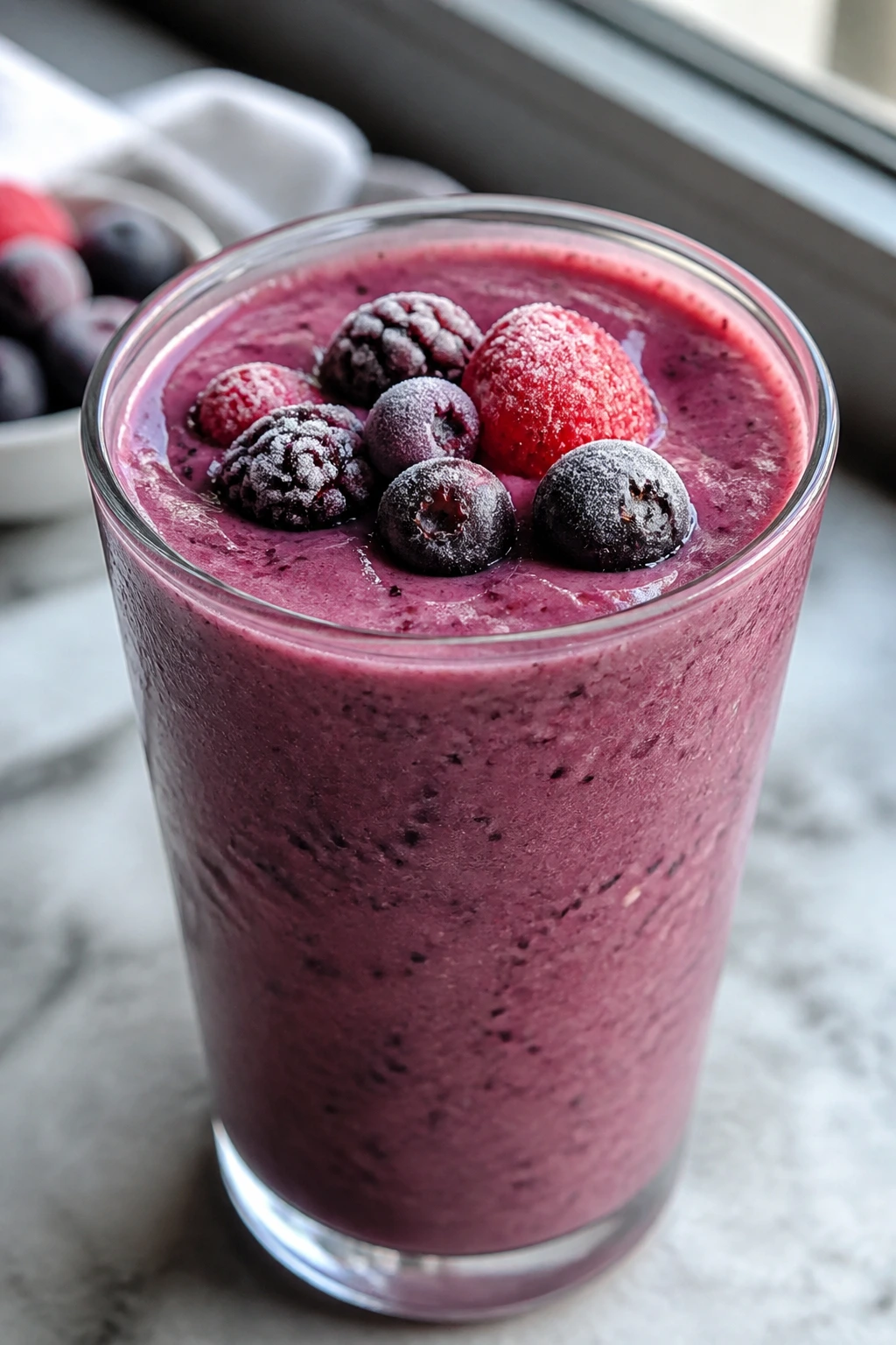Close-up of breakfast berry blast smoothie in glass with berry garnish