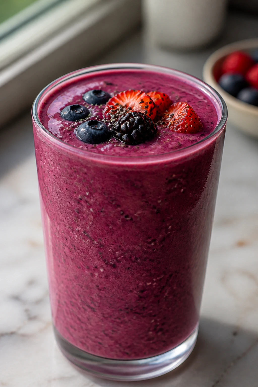 Close-up of a purple mixed berry chia smoothie in a glass on a kitchen counter