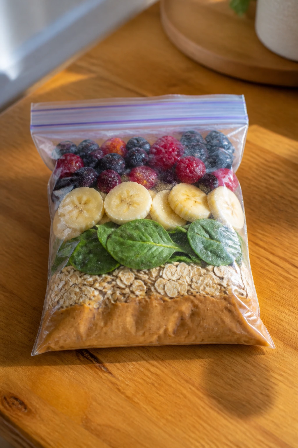 Close-up of Berry Smoothie Packs in a clear freezer bag on a kitchen counter, ready to blend
