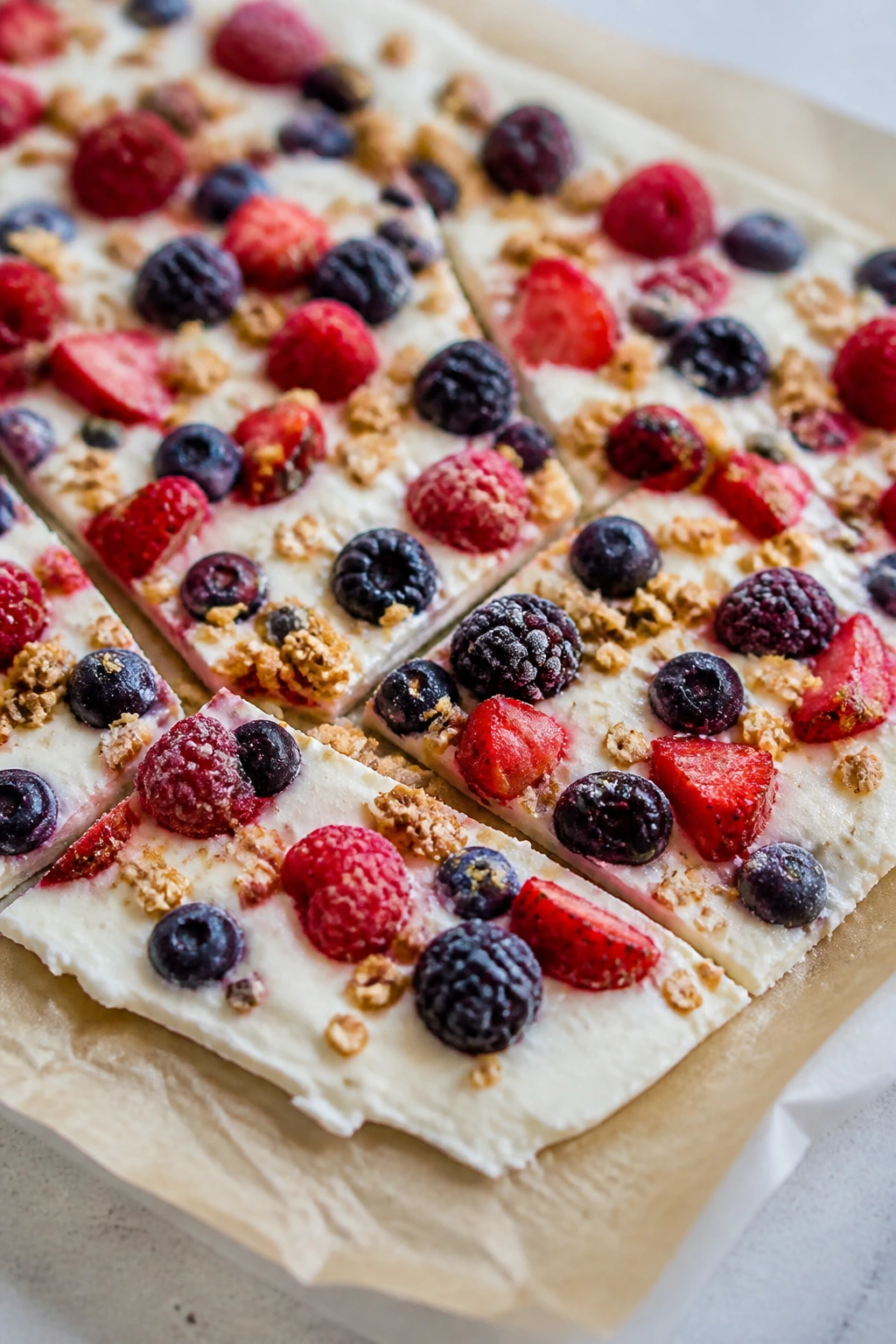 Frozen berry yogurt bark with berries and granola on parchment on a white counter