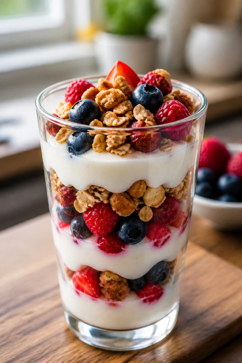 Parfait glass with yogurt and berries in a bright kitchen