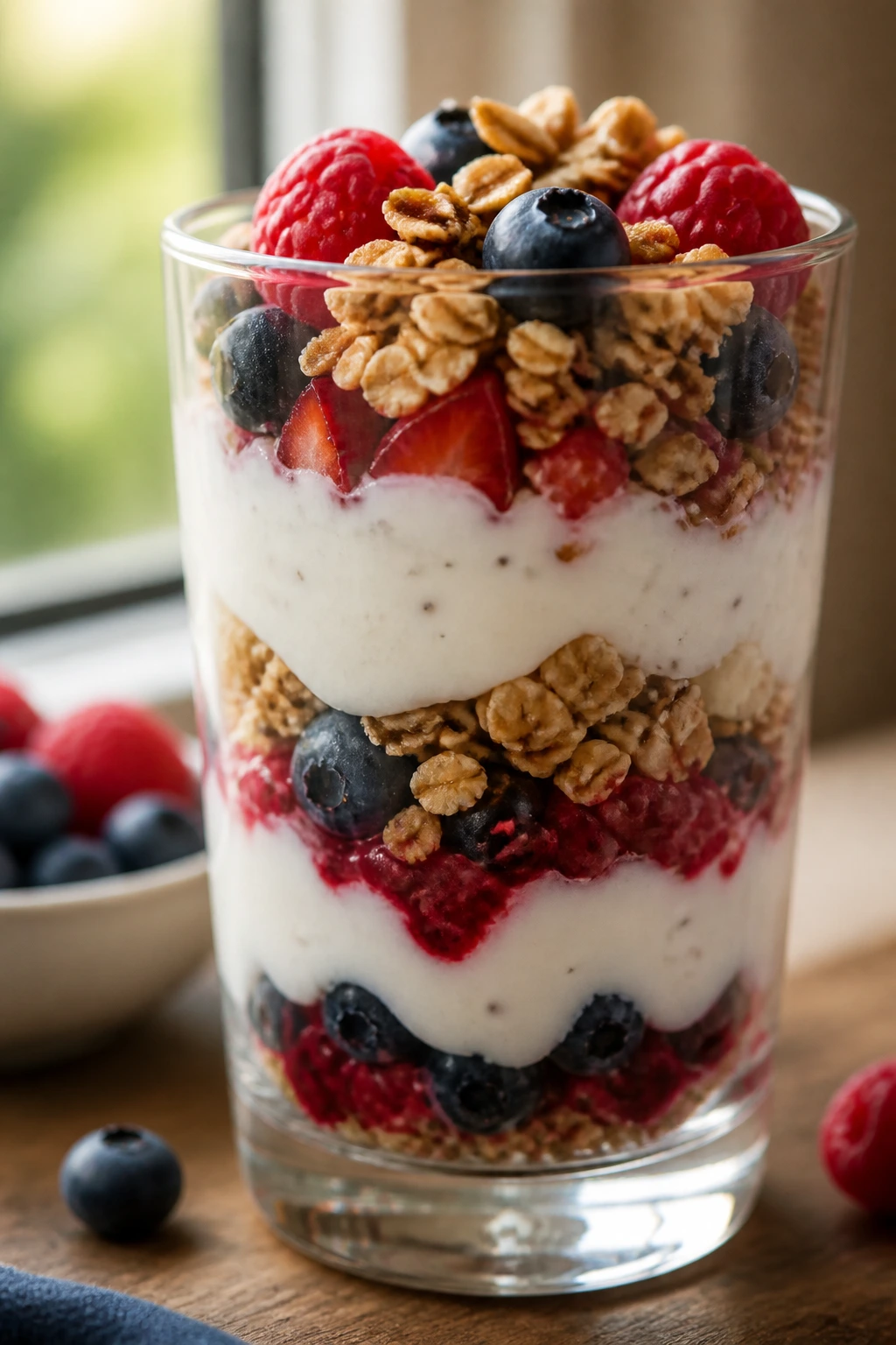Parfait glass showing layered yogurt, berries, and granola