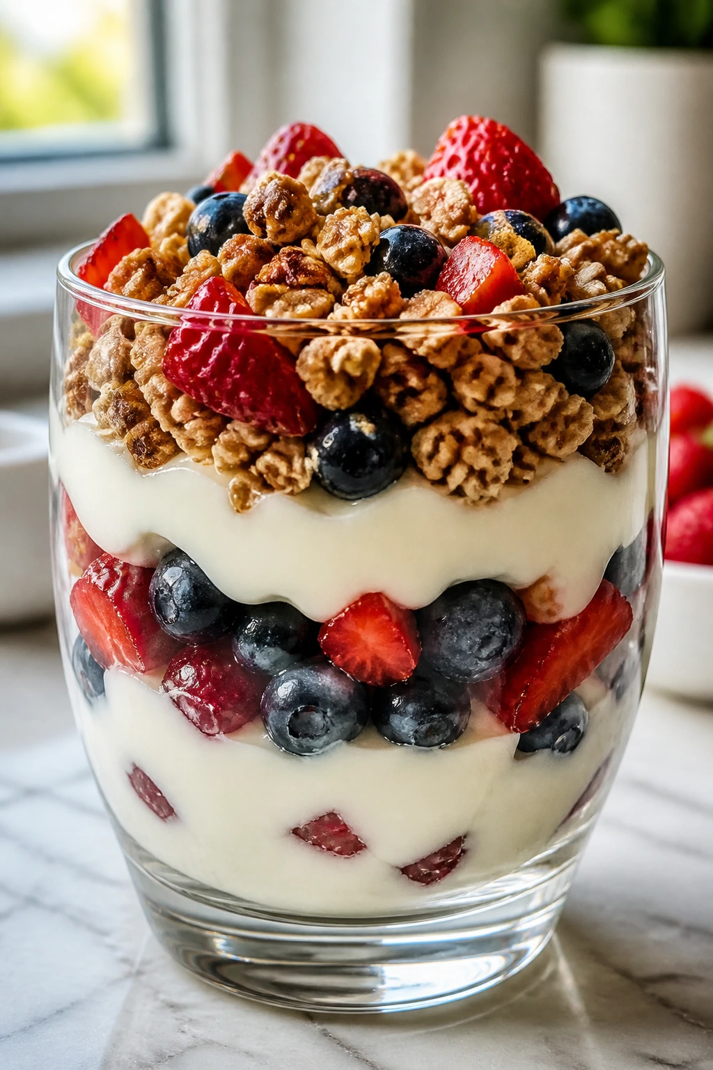 Close-up of a berry yogurt parfait in a glass showing yogurt, berries, and granola.