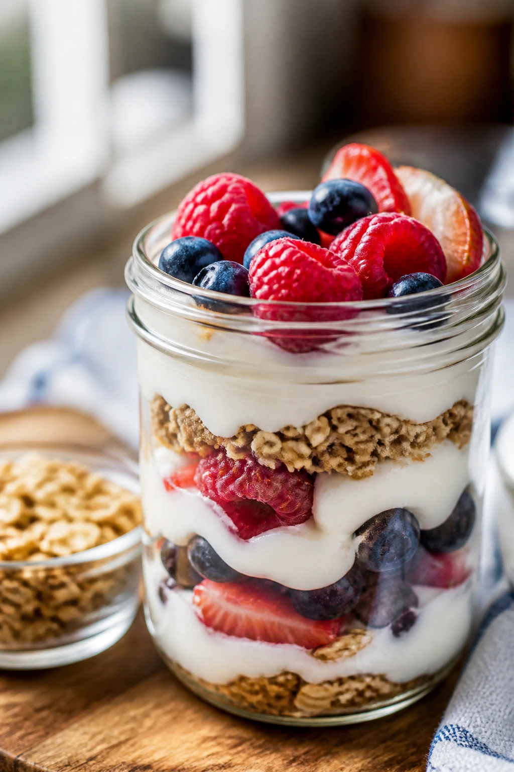 Layered yogurt and berries parfait in a jar with granola on the side.