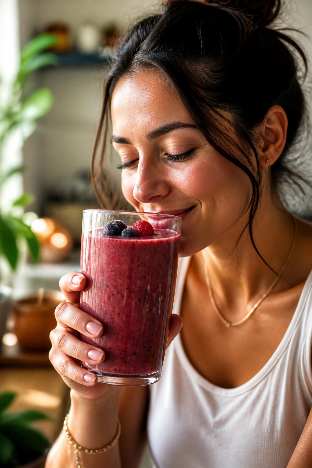 Person enjoying a vibrant tea smoothie in a cozy kitchen