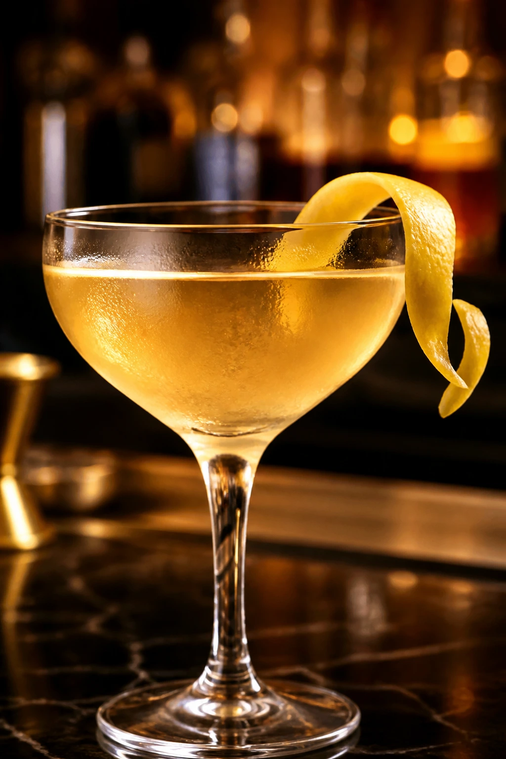 Close-up of Between the Sheets cocktail in a coupe with lemon twist