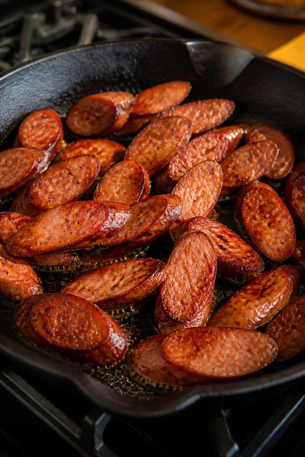 Bias-cut smoked sausage slices browning in a skillet