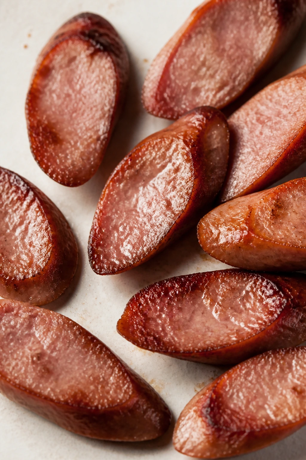 Bias-cut sausage slices arranged diagonally on a light surface