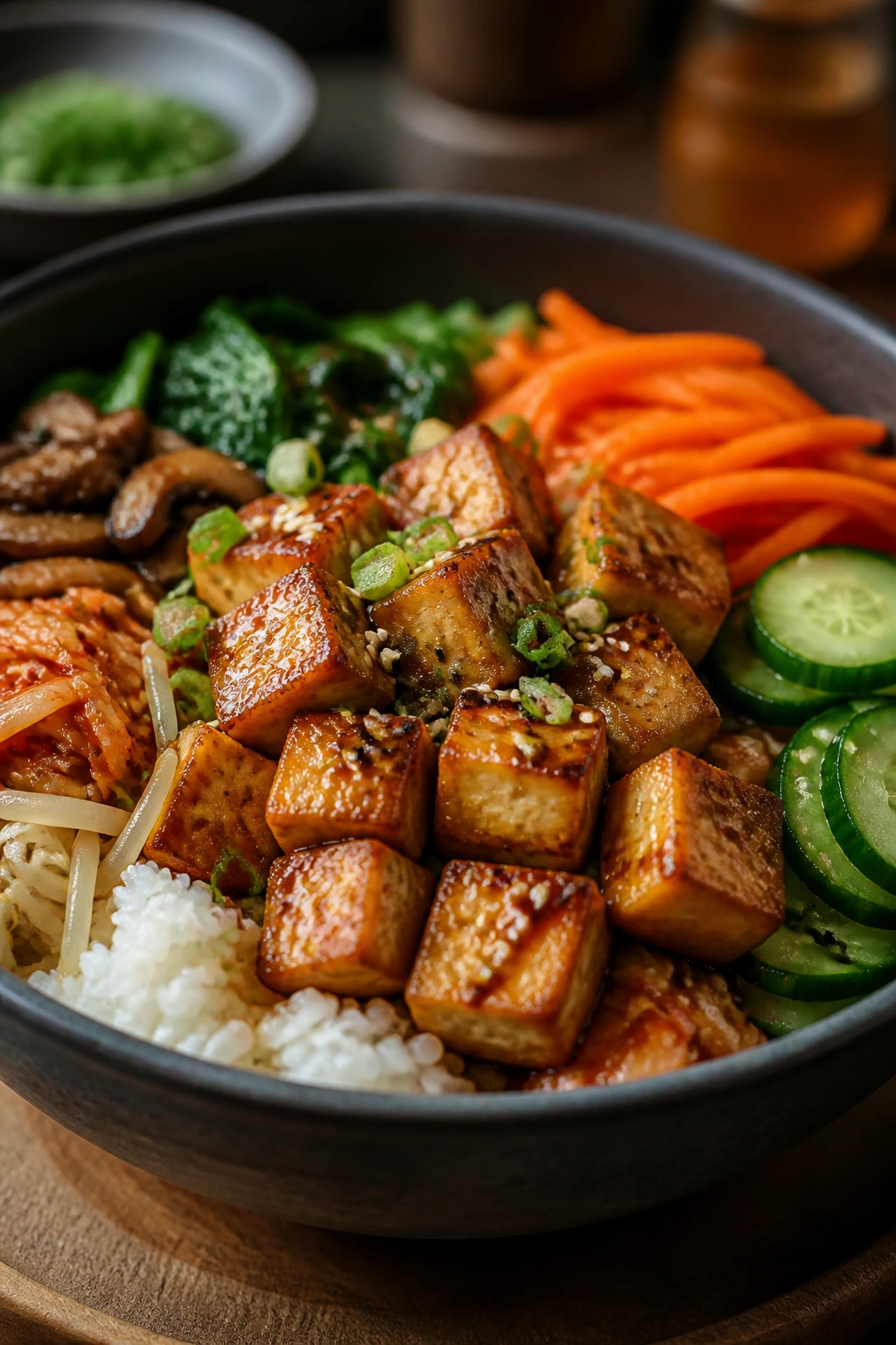 Bibimbap bowl with crispy tofu topping in a warm kitchen
