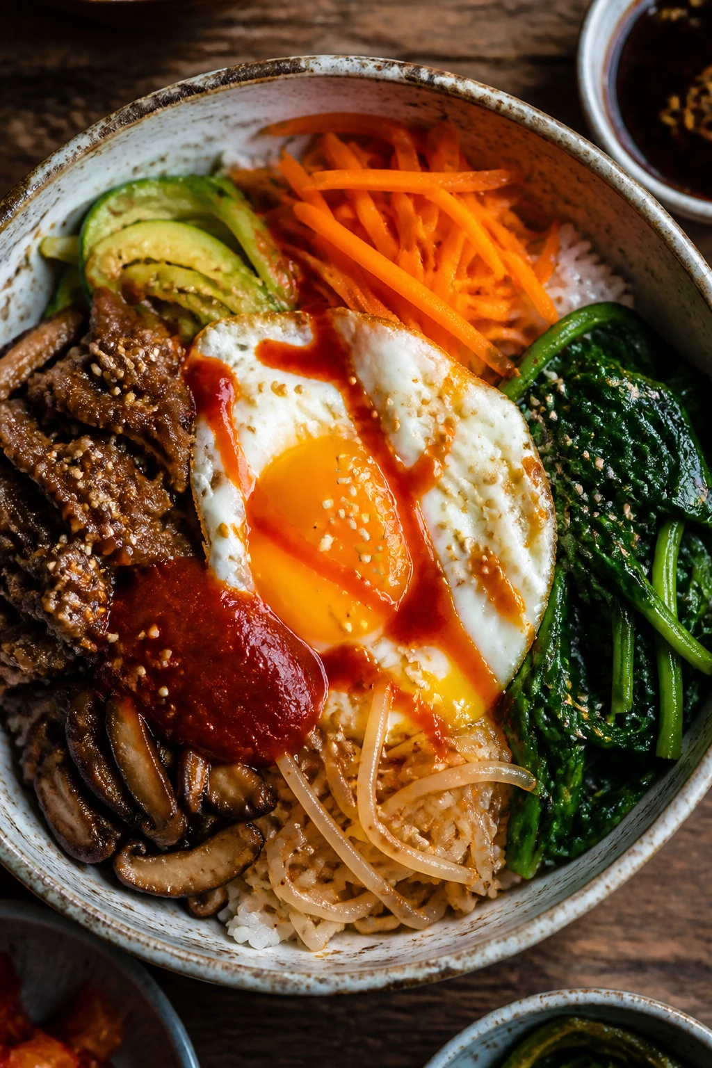 Colorful bibimbap bowl with egg and vegetables