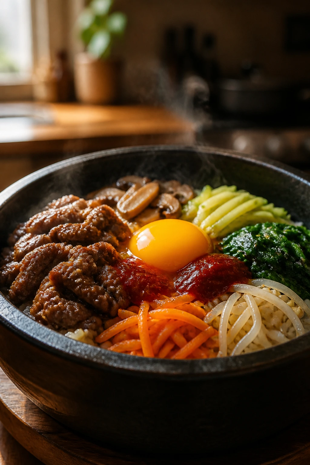 Steaming bibimbap bowl in a home kitchen with colorful toppings
