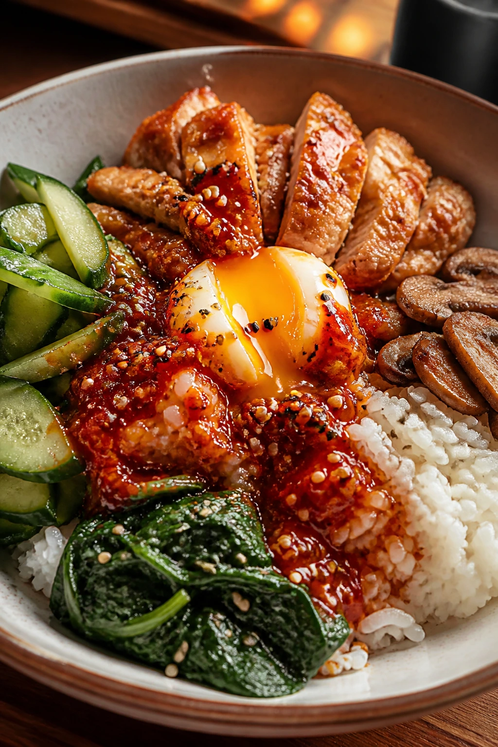 Close-up of bibimbap bowl highlighting each ingredient's texture and color