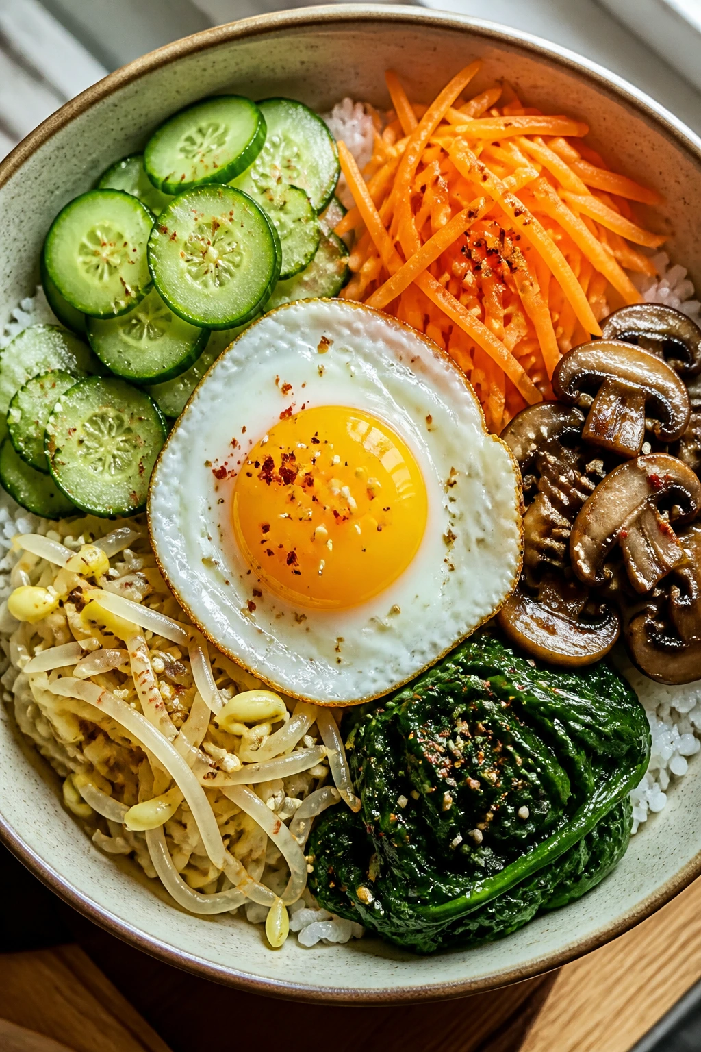 Top-down view of bibimbap with rice, cucumber, carrot, mushrooms, spinach, sprouts, and egg